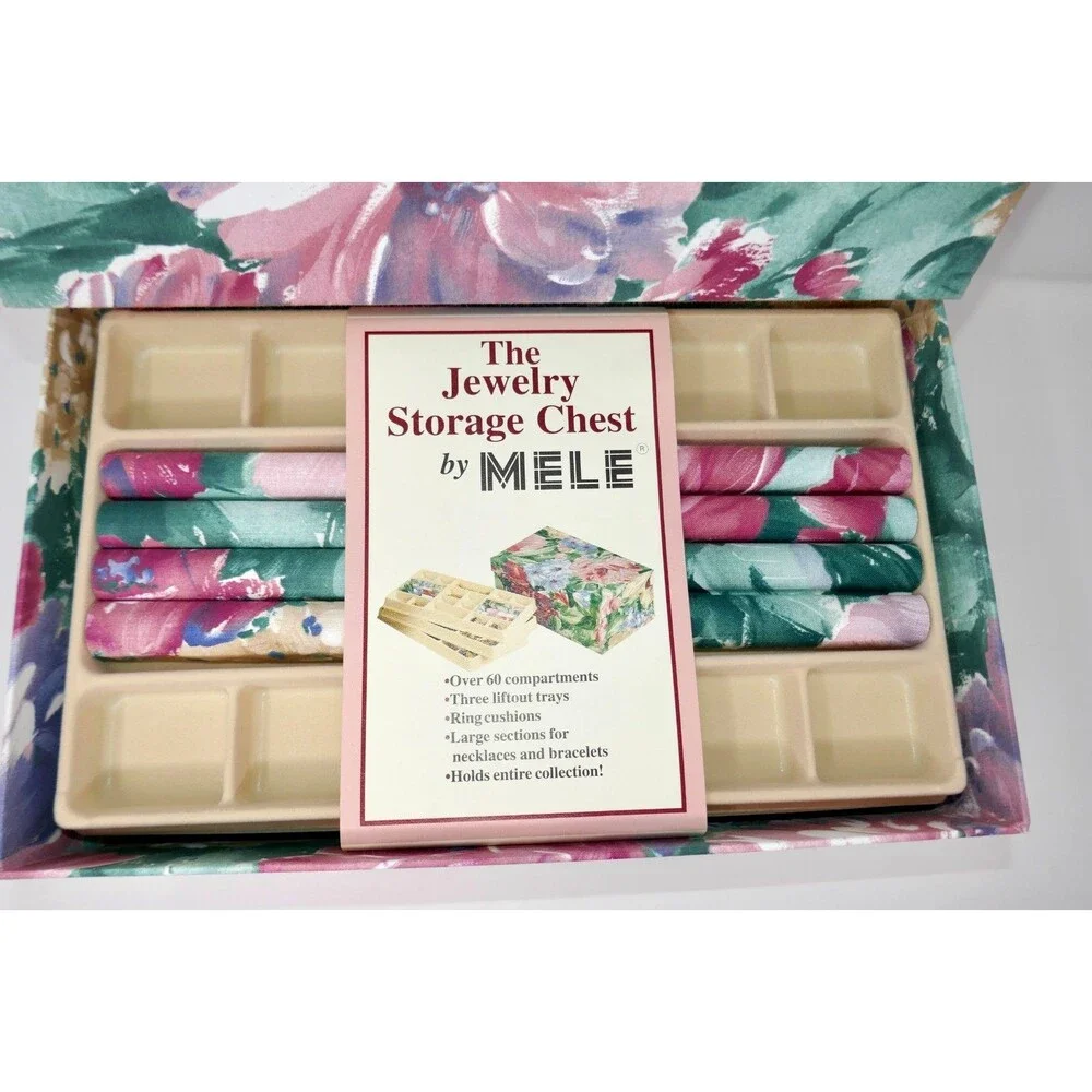 Mele Vintage 90s Fabric Floral Watercolor Jewelry Storage Chest 3 Lift Out Trays